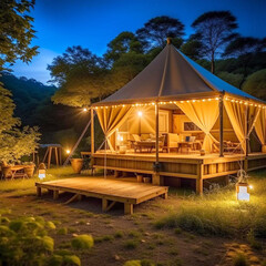 Glamping house surrounded by nature in the evening.Generative AI