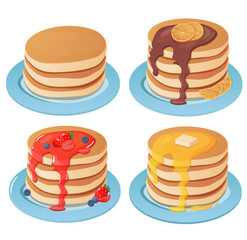 Pancakes cartoon style. Pancakes with maple syrup, caramel, butter, honey, strawberry jam, american breakfast, vector