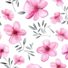 Fototapeta na wymiar Delicate pink watercolor flowers seamless pattern on white, Generative AI