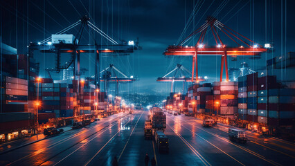 Fototapeta na wymiar container cargo freight ship at night. generative ai