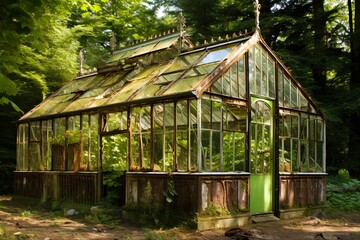 Abandoned Old Greenhouse in Summer Park with Lush Green Nature and Unique Glasshouse Architecture: Generative AI