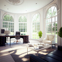 Fototapeta premium empty office in a country house with high ceilings and large windows. Luxury Cabinet interior