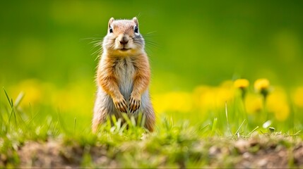 Naklejka na ściany i meble Brown Ground Squirrel in Natural Habitat - European Wildlife Photography of Cute Mammal on Green Meadow: Generative AI