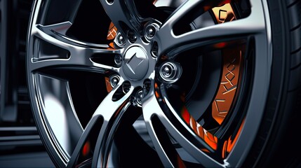 Closeup of Sports Car Wheel with Low-Profile Tire on Alloy Rim. Generative AI