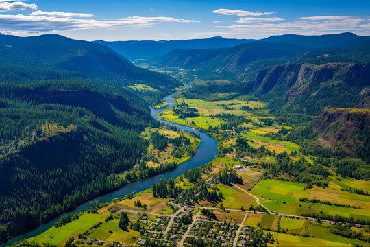 Awe-Inspiring Aerial View of Talent, Oregon: Marvelous Mountain Landscape and Scenic Sky Panorama Over Quaint Town: Generative AI