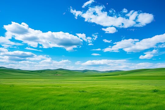 China's Inner Mongolia Natural Grassland. A Spring Green Field with Rolling Hills, Blue Sky and Clouds. Perfect Natural Background: Generative AI