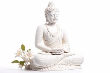 A statue of buddha sits isolated on white background
