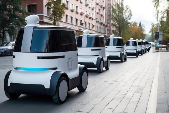 Autonomous robots deliver food to customers on road in city