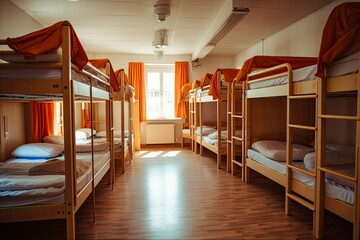 Cozy and Comfortable Hostel Dormitory Beds for Comfortable Stay During Travel. Generative AI - obrazy, fototapety, plakaty