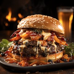 A burger is a sandwich consisting of one or more cooked patties of ground meat, usually beef, placed inside a sliced bread roll or bun. The patty may be pan-fried, grilled, or flame-broiled.