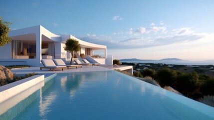 Fototapeta premium Sunlit Sanctuary: Luxury Hotel with Ocean Backdrop - Generated by AI