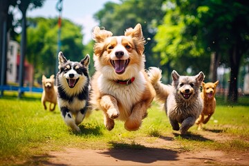 Dog Park Fun: Adorable Puppies Playing in Nature's Playground. Generative AI