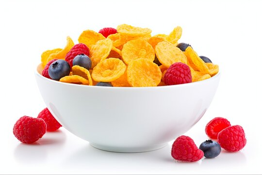 Corn Flakes Cereal with Fresh Berries in a Bowl on a White Background - Breakfast Concept: Generative AI