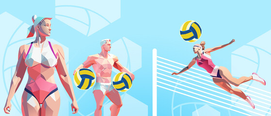 Low poly sports background. Young girls beach volleyball tournament in blue background. Fun, Friends, Healthcare, Fitness, Relaxation, Summer, illustration,