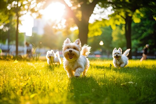 Fun and Frolic in the Dog Park - Images of Cute Adorable Puppies Playing and Having Fun in Nature: Generative AI