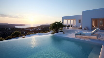 Fototapeta na wymiar Sunlit Elegance: Hotel with Oceanic Backdrop - Generated by AI