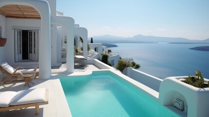 Fototapeta premium Coastal Elegance: Sunlit Luxury Hotel - Generated by AI