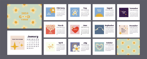 Calendar 2024 template design in Groovy retro style with positive motivation - obrazy, fototapety, plakaty