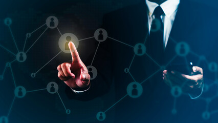 Businessman is using smartphone and touching global structure networking and data exchanges...