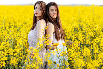 Naklejka na ściany i meble Two beautiful long hair young woman standing in rapeseed yellow field in white dres