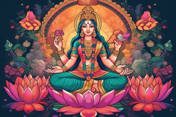 Fototapeta na wymiar Cultural goddess laxmi smiling sitting on the lotus with floral background