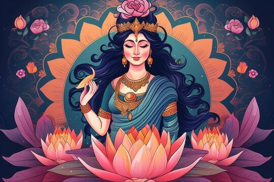 God laxmi with lotus big hairs colorful vector background, hindu goddess lakshmi