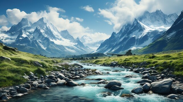  a painting of a stream running through a valley with mountains in the background.  generative ai