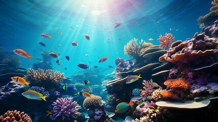 beautiful underwater scenery with various types of fish and coral reefs © ginstudio