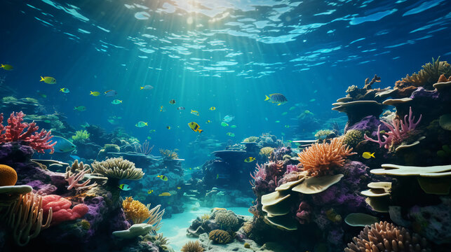 beautiful underwater scenery with various types of fish and coral reefs © ginstudio