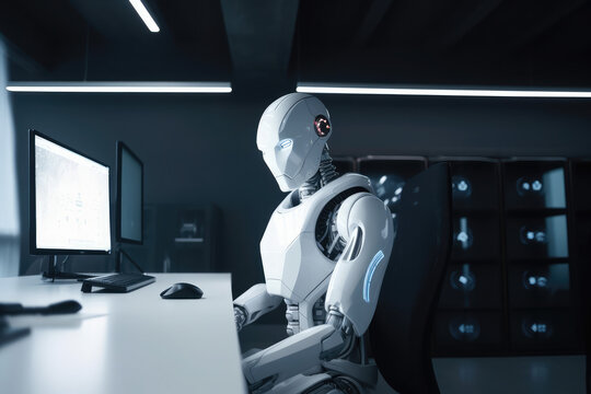 White Ai robot working and looking on monitor screen computer lab, high-tech artificial intelligence robot concept, generative AI
