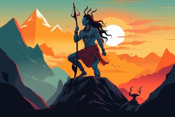 Hindu lord shiva with trishul on sunset or sunrise in mountain
