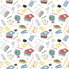 Vector childish seamless pattern with school supplies on a white background. Perfect for baby prints, covers, textiles, wallpapers, wrapping paper, scrapbooking.