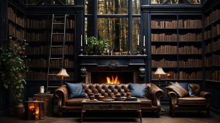  a living room with a couch, chair, fireplace and bookshelves.  generative ai
