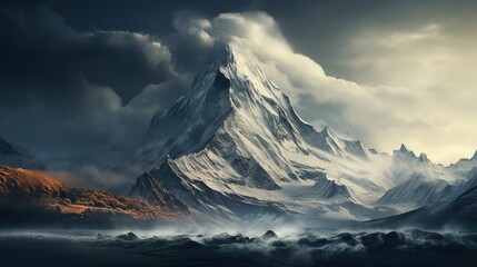  a mountain with a lot of clouds in the sky above it.  generative ai