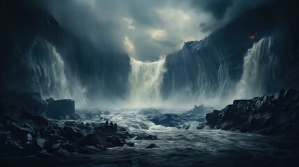  a large waterfall surrounded by rocks in a dark, cloudy sky.  generative ai
