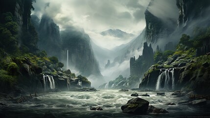  a painting of a mountain river with a waterfall in the middle. generative ai
