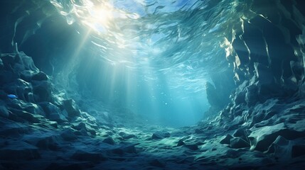 Fototapeta na wymiar an underwater view of a cave with sunlight streaming through the water. generative ai