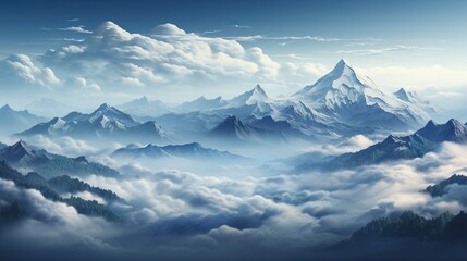  a painting of a mountain range with clouds and a blue sky.  generative ai