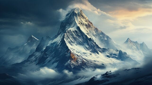  a painting of a mountain with clouds in the sky above it.  generative ai