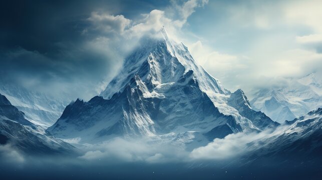  a very tall mountain in the middle of a cloudy sky.  generative ai