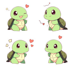 vector illustration set of turtle cartoon character in happy mood