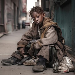 Homeless black child begging in neglected clothes Child poverty in the U.S. Generative Ai