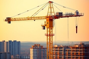 Fototapeta premium Construction crane at the construction site of a high-rise building. Tower crane and building under construction, Generative AI technology.