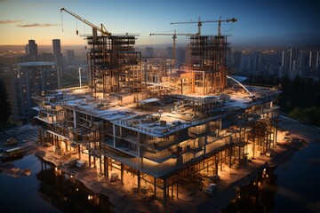 Construction site with cranes and building under construction. Crane at a construction site. Generative AI technology.