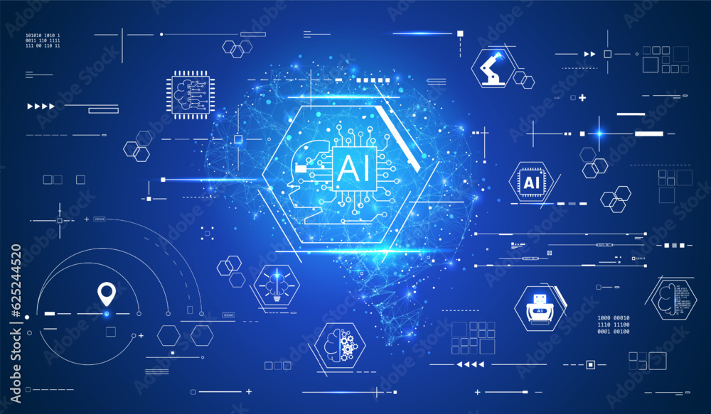 Aufkleber AI low poly smart brain glowing on blue background. Artificial intelligence with futuristic icon technology system concept vector.