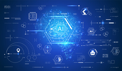 AI low poly smart brain glowing on blue background. Artificial intelligence with futuristic icon technology system concept vector.