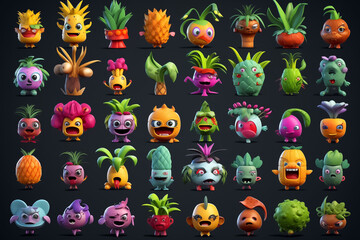 Obraz na płótnie Canvas Vegetables and fruits character collection and icons funny stylized sketch cartoon characters. Generative AI.