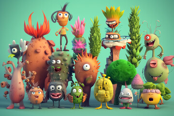 Vegetables and fruits character collection and icons funny stylized sketch cartoon characters. Generative AI.