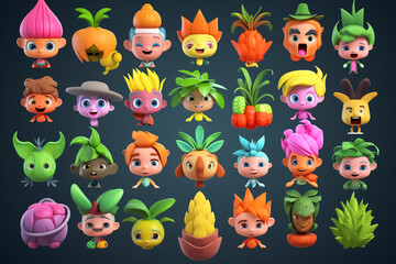 Obraz premium Vegetables and fruits character collection and icons funny stylized sketch cartoon characters. Generative AI.