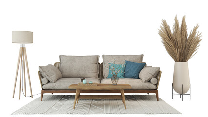 Interior furniture set 3D render. Living room house floor template background mockup design , isolated on transparent background.